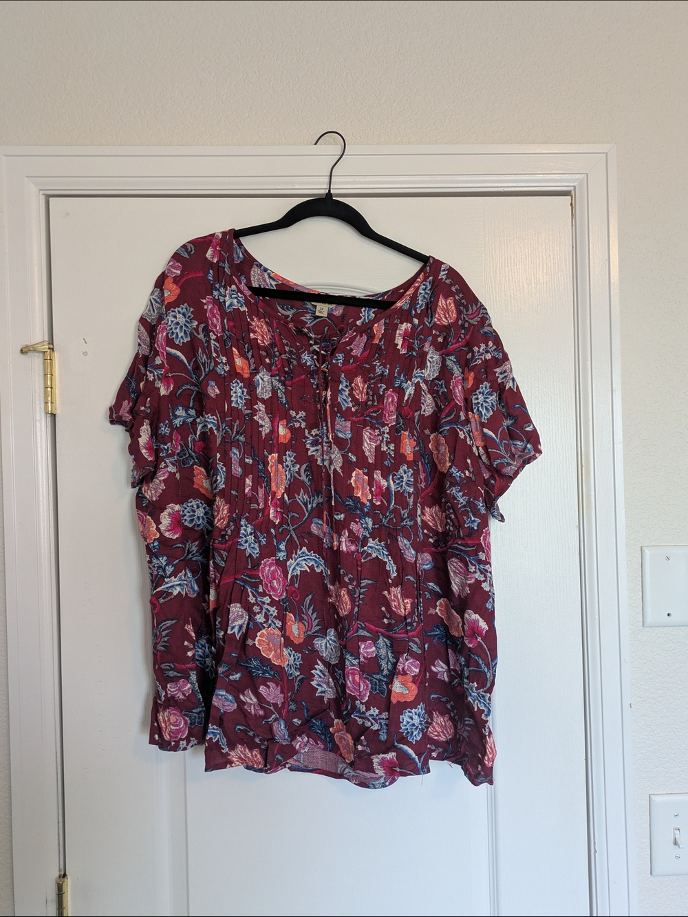 Lucky Brand Burgundy Floral Short Sleeve Boho Blouse